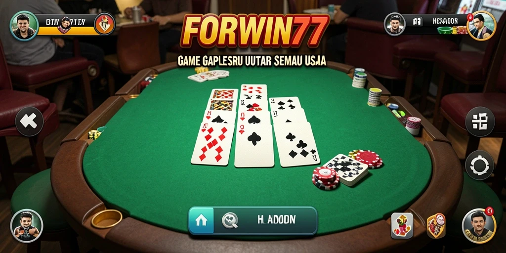 Screenshot utama FORWIN77 menunjukkan keseruan gameplay Gaple yang interaktif.