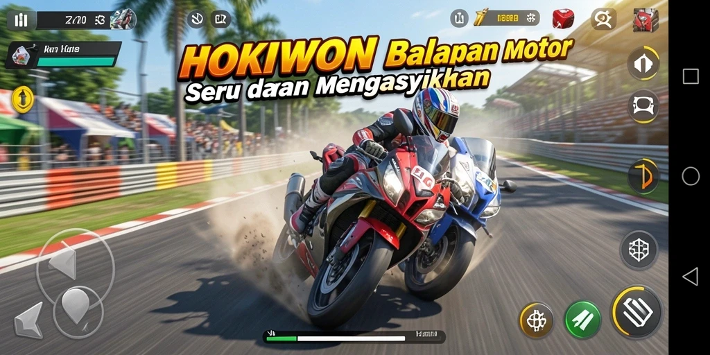 Tangkapan layar gameplay HOKIWON menunjukkan balapan motor yang menegangkan.