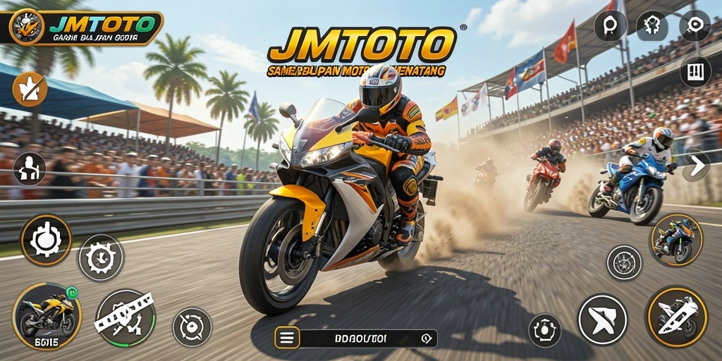 Screenshot JMTOTO menampilkan balapan motor yang memukau di trek yang menantang.