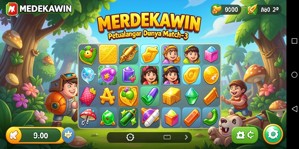 Tangkapan layar gameplay MERDEKAWIN dengan simbol Match-3 yang penuh warna.