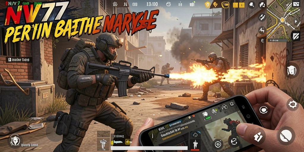 Tampilan gameplay NV77 yang mendebarkan di medan perang Battle Royale.