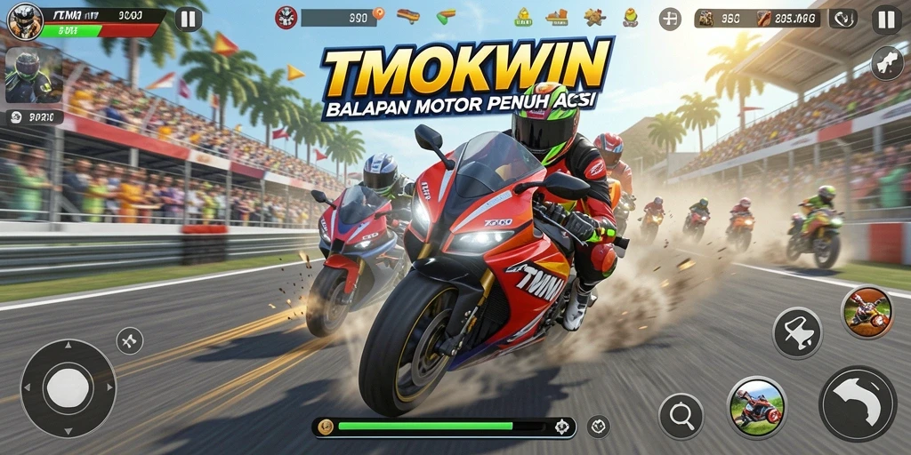 Gameplay TMOKWIN yang mendebarkan di trek balapan motor.